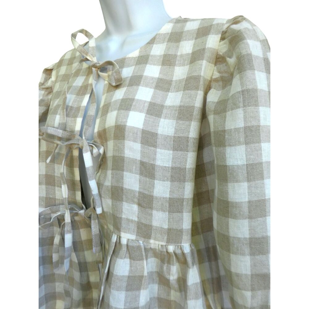 LiNeN New Offon Beige & White Gingham Checked Babydoll Blouse Puffy Sleeves M